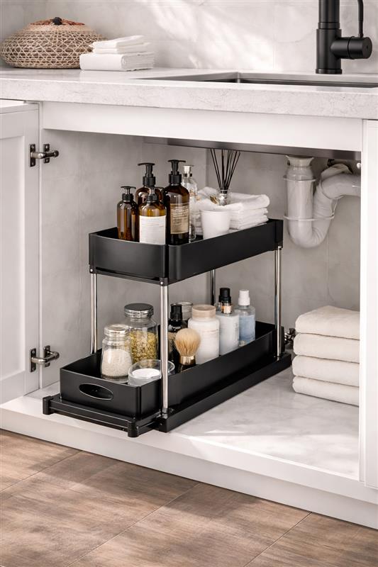 Étagère Coulissante Sous Évier 2 Niveaux – Organisateur Cuisine & Salle de Bain