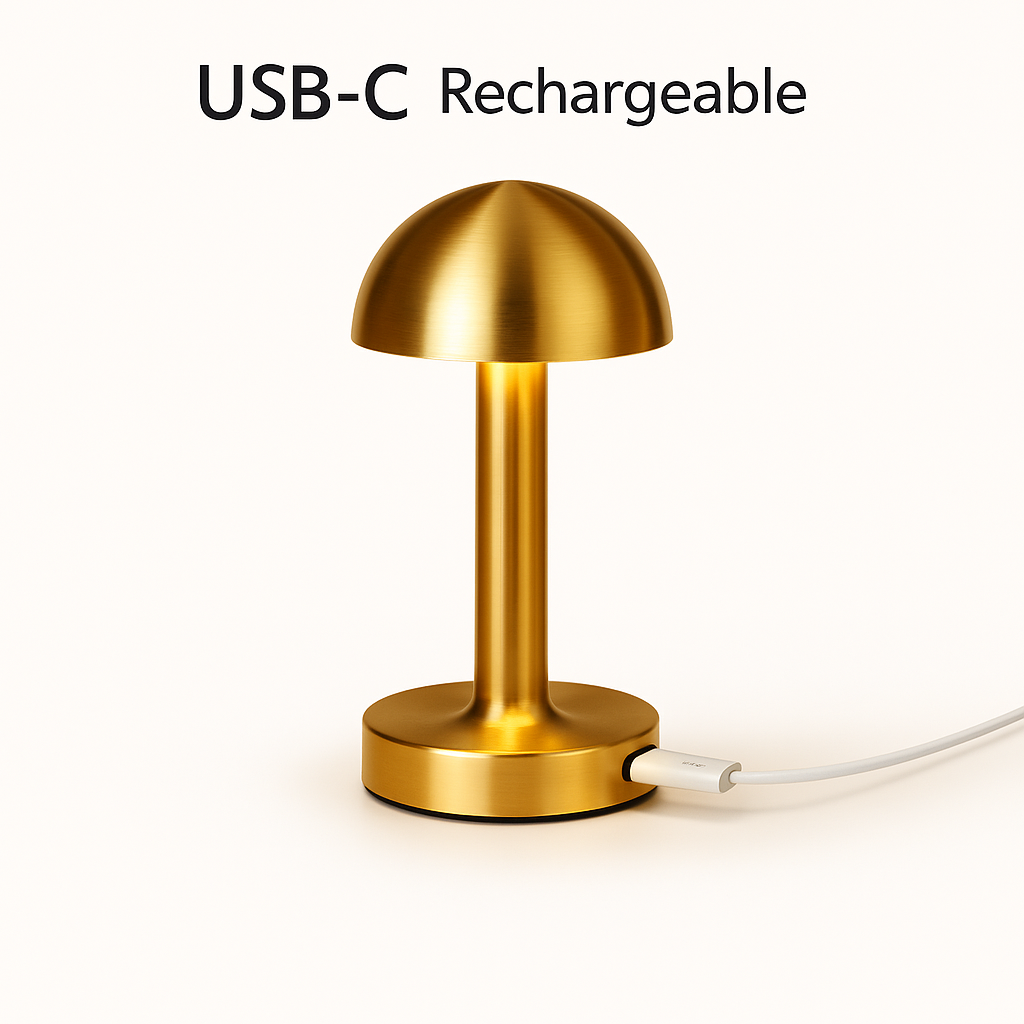 Lampe LED Dôme Élégant – Métal Doré, Tactile & Rechargeable USB‑C