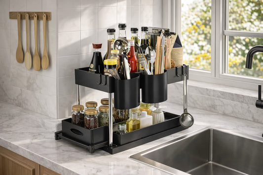 Étagère Coulissante Sous Évier 2 Niveaux – Organisateur Cuisine & Salle de Bain