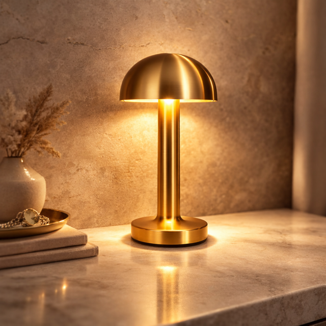 Lampe LED Dôme Élégant – Métal Doré, Tactile & Rechargeable USB‑C