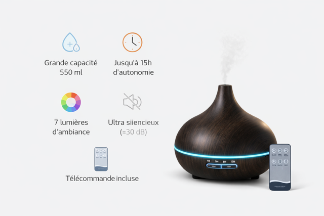 Diffuseur Ultrasonique "Sérénité" – 550ml, Effet Bois Prémium & Aromathérapie Connectée